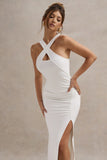 Jianna White Cross Over Halter-Neck Split Maxi Dress