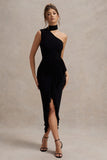 Nevaeh Black Asymmetric High-Neck Ruffle Split Maxi Dress