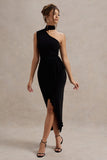 Nevaeh Black Asymmetric High-Neck Ruffle Split Maxi Dress