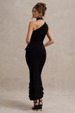 Nevaeh Black Asymmetric High-Neck Ruffle Split Maxi Dress