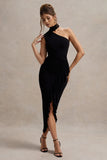 Nevaeh Black Asymmetric High-Neck Ruffle Split Maxi Dress