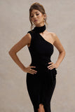 Nevaeh Black Asymmetric High-Neck Ruffle Split Maxi Dress