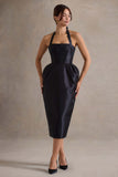 Cosetta Black Halter-Neck Midi Dress With Tulip Skirt