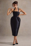 Cosetta Black Halter-Neck Midi Dress With Tulip Skirt