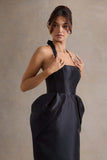 Cosetta Black Halter-Neck Midi Dress With Tulip Skirt