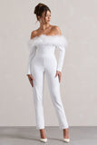 Ales White Bardot Tailored Straight-Leg Jumpsuit With Feather Trim