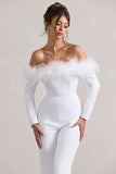Ales White Bardot Tailored Straight-Leg Jumpsuit With Feather Trim