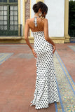 Lucena White Polka Dot Cowl-Neck Wrap Maxi Dress With Floral Drape