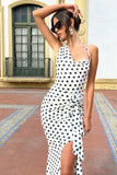 Lucena White Polka Dot Cowl-Neck Wrap Maxi Dress With Floral Drape