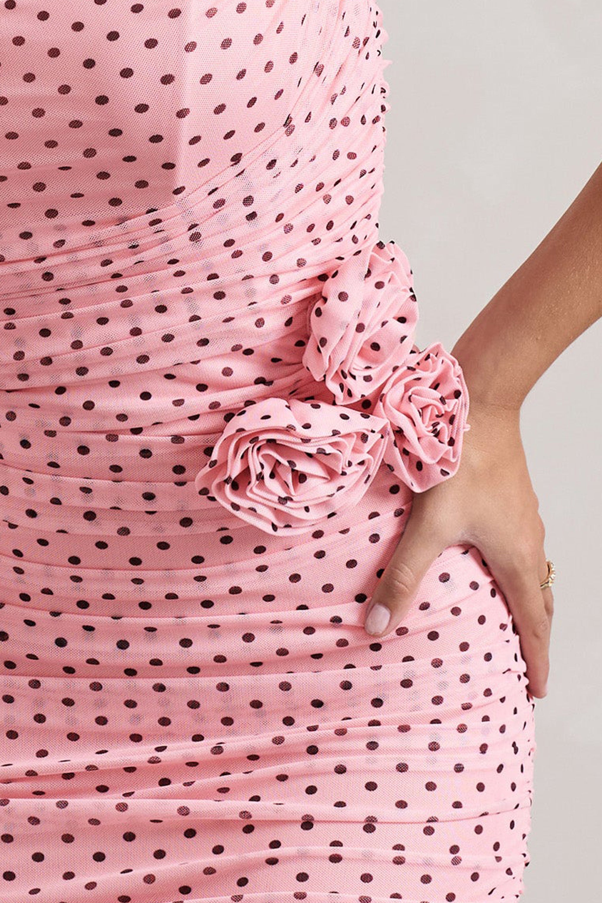 Lille Pink Polka Dot Ruched Mesh Strapless Midi Dress With Corsage