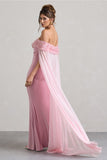 Avant Garde Blush Pink Floral Bardot Fishtail Maxi Dress With Mesh Cape