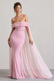 Avant Garde Blush Pink Floral Bardot Fishtail Maxi Dress With Mesh Cape