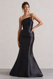 Define Black Satin Asymmetric Fishtail Maxi Dress