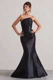 Define Black Satin Asymmetric Fishtail Maxi Dress