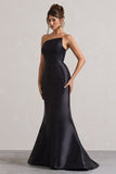 Define Black Satin Asymmetric Fishtail Maxi Dress