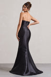 Define Black Satin Asymmetric Fishtail Maxi Dress