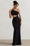 Aspyn Black Asymmetric Twisted Cut-Out Fishtail Maxi Dress