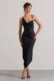 Fillie Black Satin Asymmetric Cowl-Neck Midi Dress