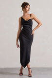 Fillie Black Satin Asymmetric Cowl-Neck Midi Dress