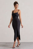 Fillie Black Satin Asymmetric Cowl-Neck Midi Dress