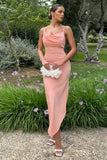 Fillie Peach Satin Asymmetric Cowl-Neck Midi Dress
