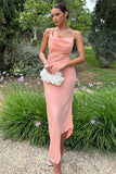 Fillie Peach Satin Asymmetric Cowl-Neck Midi Dress