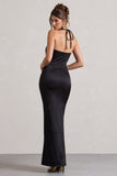 Hermosa Black Satin Cowl-Neck Twisted Split Maxi Dress