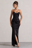 Hermosa Black Satin Cowl-Neck Twisted Split Maxi Dress