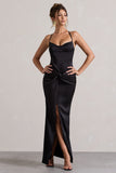 Hermosa Black Satin Cowl-Neck Twisted Split Maxi Dress