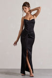 Hermosa Black Satin Cowl-Neck Twisted Split Maxi Dress