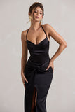 Hermosa Black Satin Cowl-Neck Twisted Split Maxi Dress