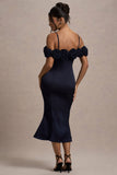 Petunia Navy Satin Floral Bardot Midi Dress
