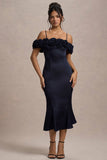 Petunia Navy Satin Floral Bardot Midi Dress