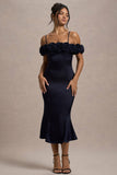 Petunia Navy Satin Floral Bardot Midi Dress