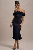 Petunia Navy Satin Floral Bardot Midi Dress