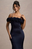 Petunia Navy Satin Floral Bardot Midi Dress