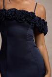 Petunia Navy Satin Floral Bardot Midi Dress