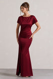 Ambrosia Berry Satin Pleated Maxi Dress With Drape