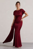 Ambrosia Berry Satin Pleated Maxi Dress With Drape