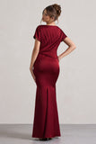 Ambrosia Berry Satin Pleated Maxi Dress With Drape