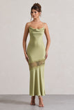 Matera Light Olive Satin Cowl-Neck Lace Trim Maxi Dress