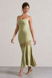 Matera Light Olive Satin Cowl-Neck Lace Trim Maxi Dress