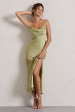Matera Light Olive Satin Cowl-Neck Lace Trim Maxi Dress