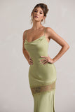 Matera Light Olive Satin Cowl-Neck Lace Trim Maxi Dress