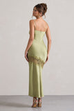 Matera Light Olive Satin Cowl-Neck Lace Trim Maxi Dress