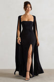Claretta Black Square Neck Twisted Maxi Dress With Cape Sleeves