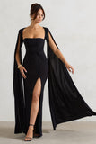 Claretta Black Square Neck Twisted Maxi Dress With Cape Sleeves