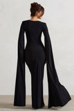 Claretta Black Square Neck Twisted Maxi Dress With Cape Sleeves