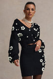 Louvre Black & White Knit Cropped Floral Cardigan