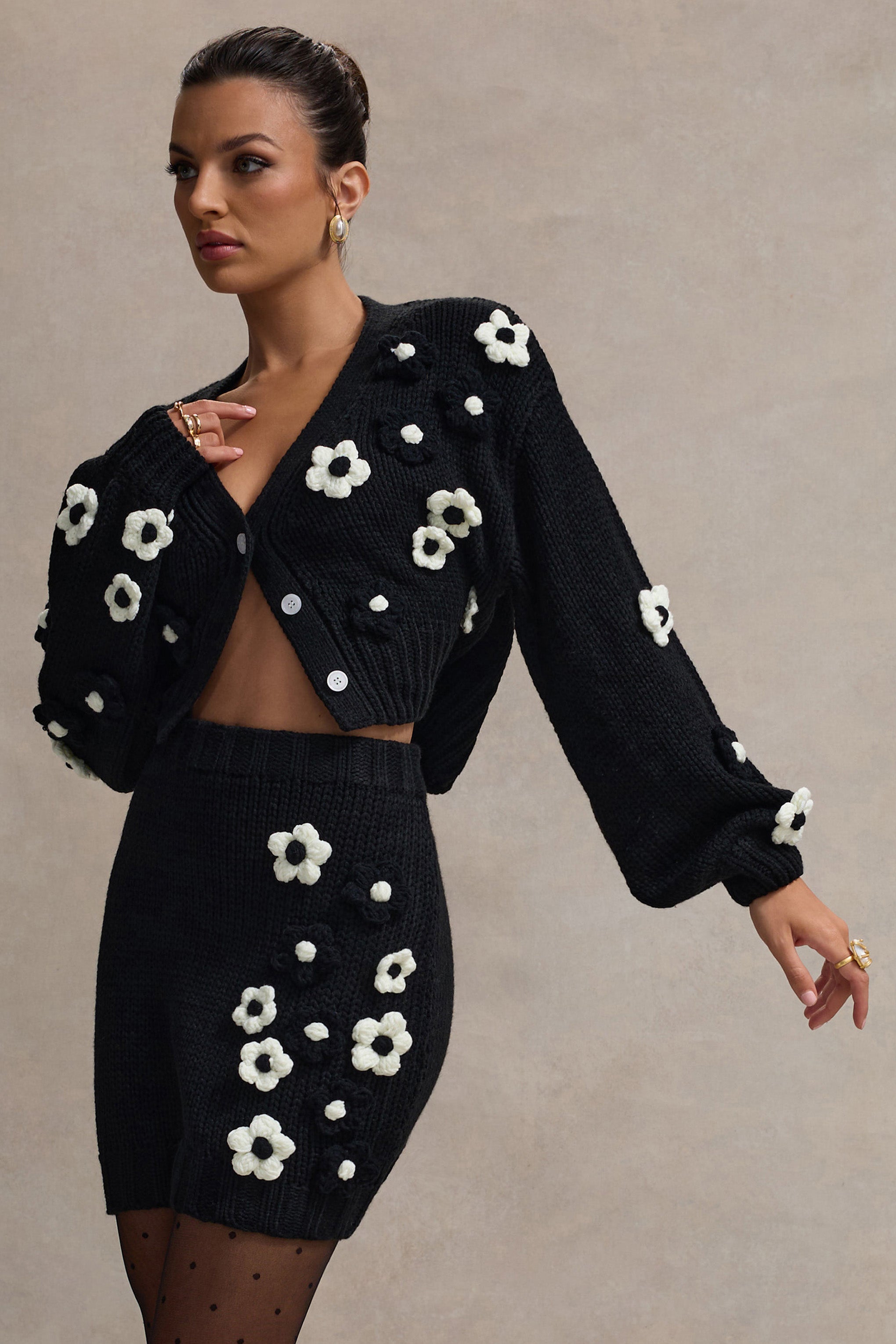 Louvre Black & White Knit Cropped Floral Cardigan